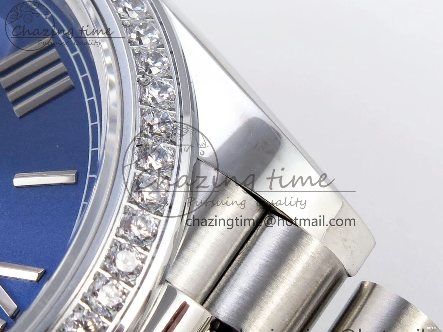 MiroTime 0426 QuickDry DayDate 40 SS GSF Gain Weight Blue Roman Dial Diamonds Bezel on President Bracelet A 1917